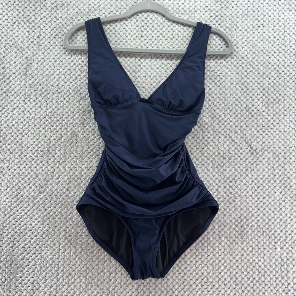 J Crew Swimsuit Women 4 Blue One Piece Plunge Ruched Swimwear Pool Beach